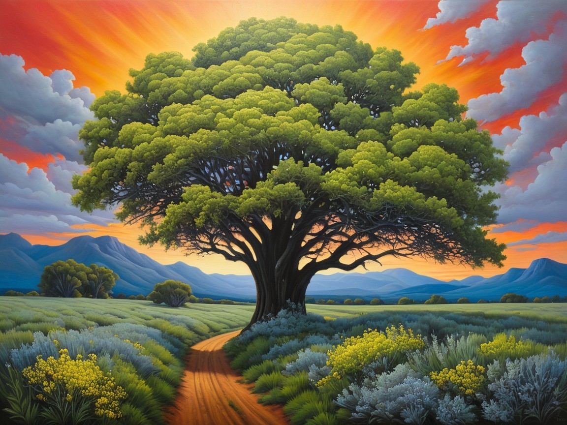 Majestic tree in vibrant sunset landscape with wildflowers