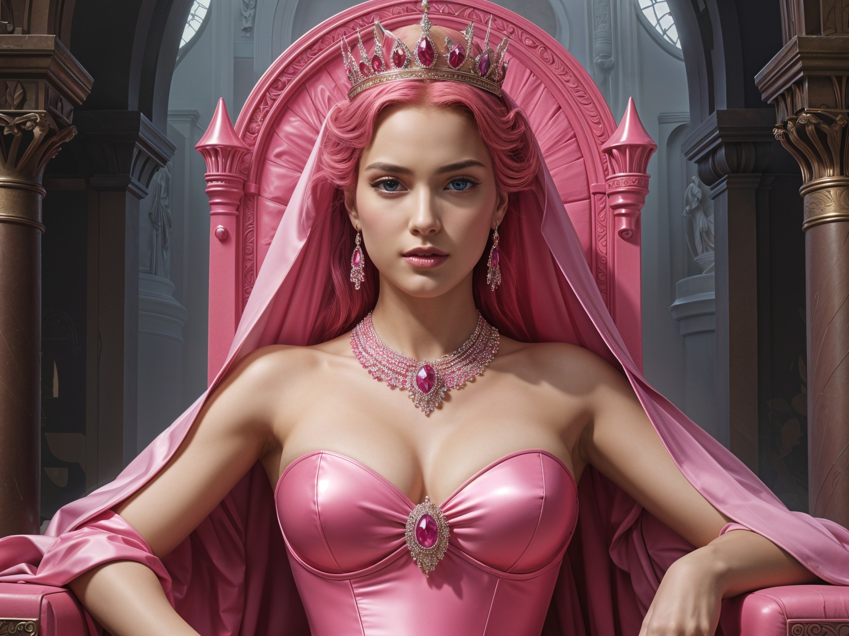 Regal Figure on Grand Throne in Pink Gown and Tiara