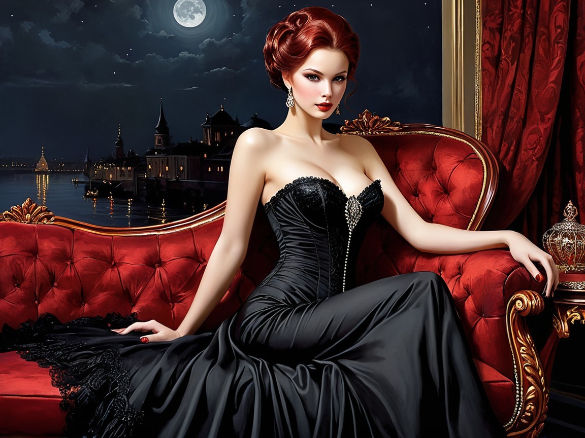 Elegant Woman in Black Gown on Velvet Couch