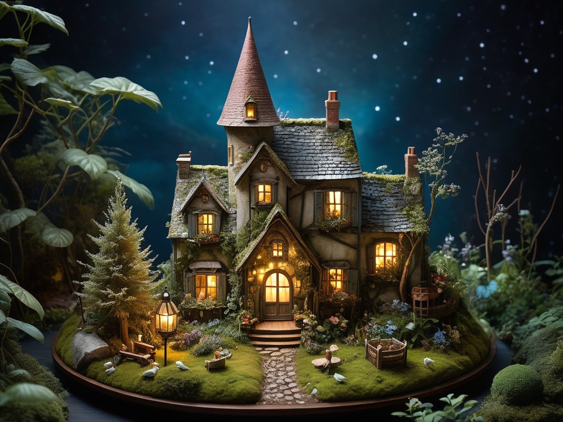 Miniature Fairy Tale Cottage on a Mossy Island