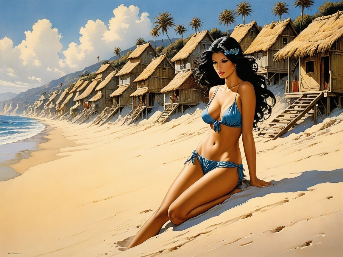 Beach Scene with Woman in Blue Bikini and Huts