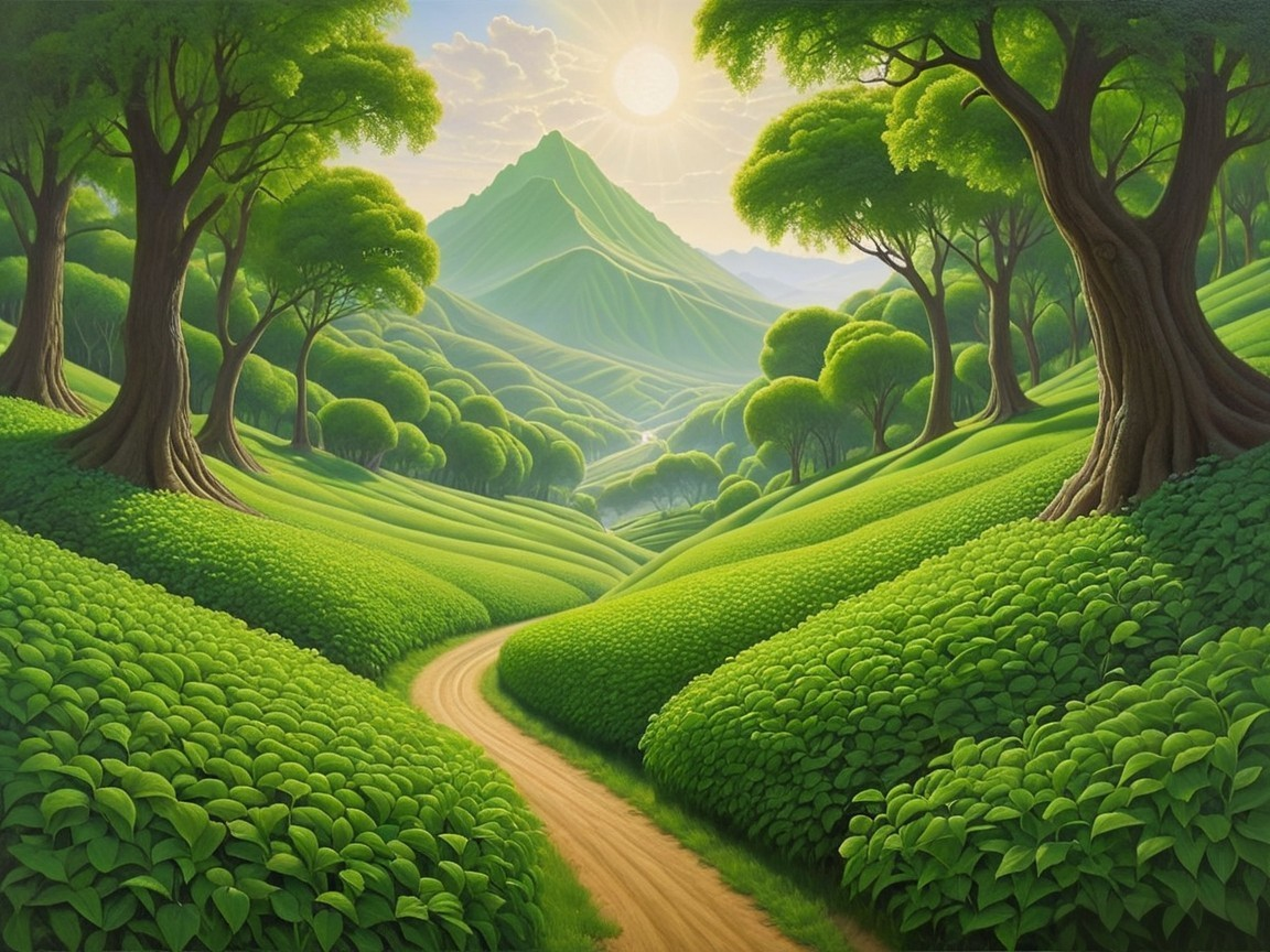 Serene Landscape of Green Hills and Majestic Mountains