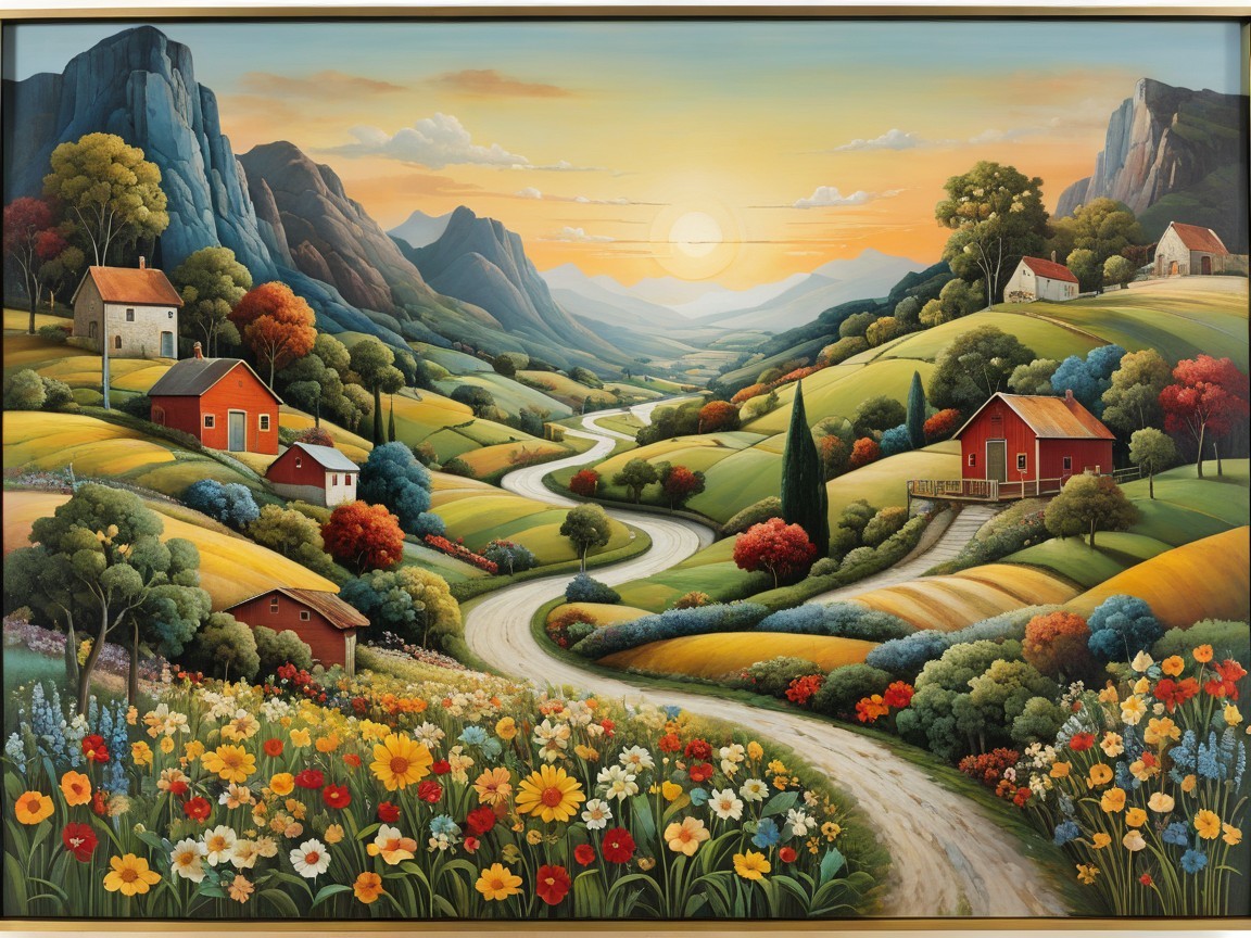 Vibrant Landscape with Rolling Hills and Sunset Glow