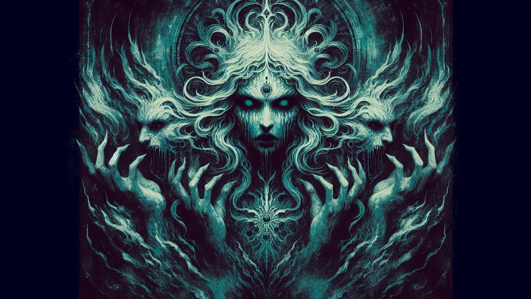 Haunting Figure with Ethereal Hair and Glowing Eyes