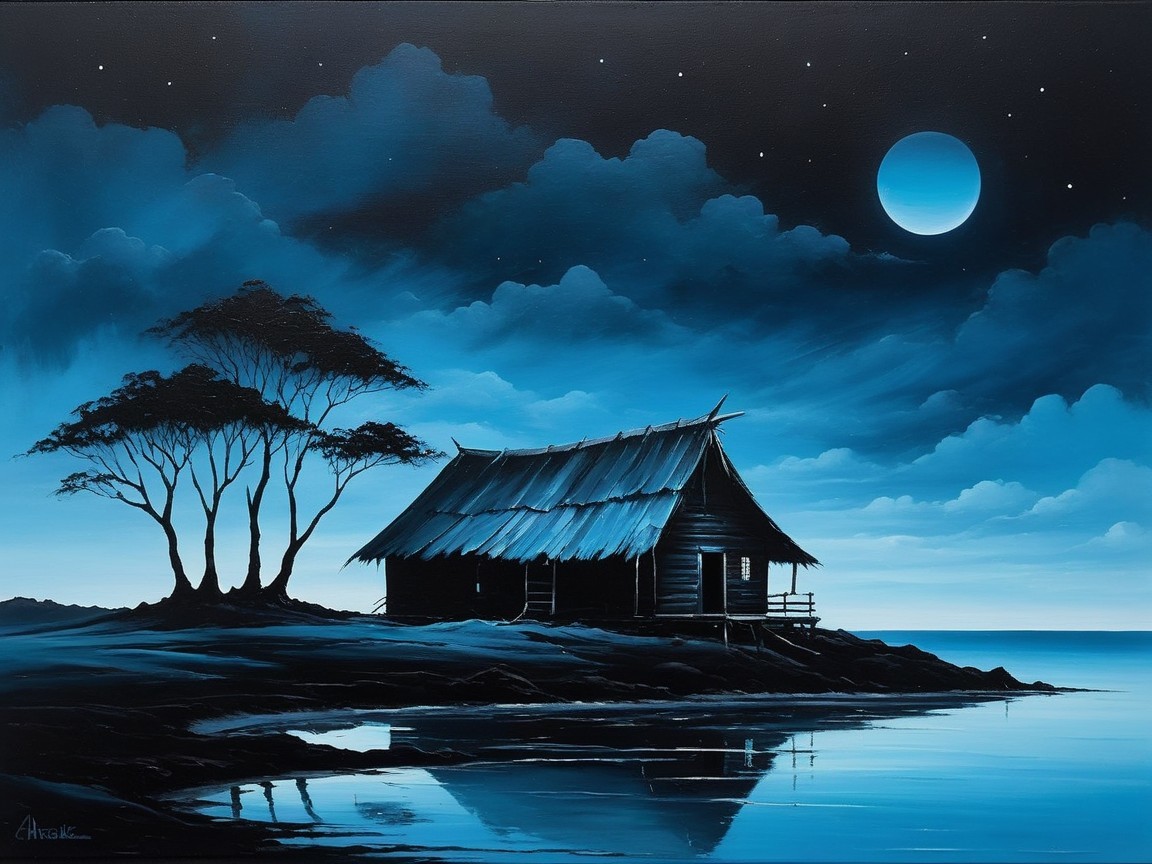 Serene Night Scene with Wooden Hut by Water