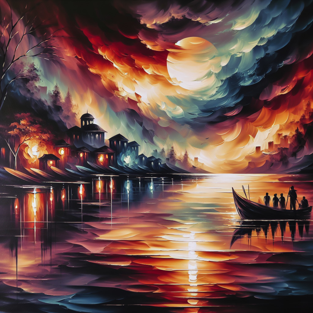 Dramatic Sunset Over Tranquil River in Oil Painting