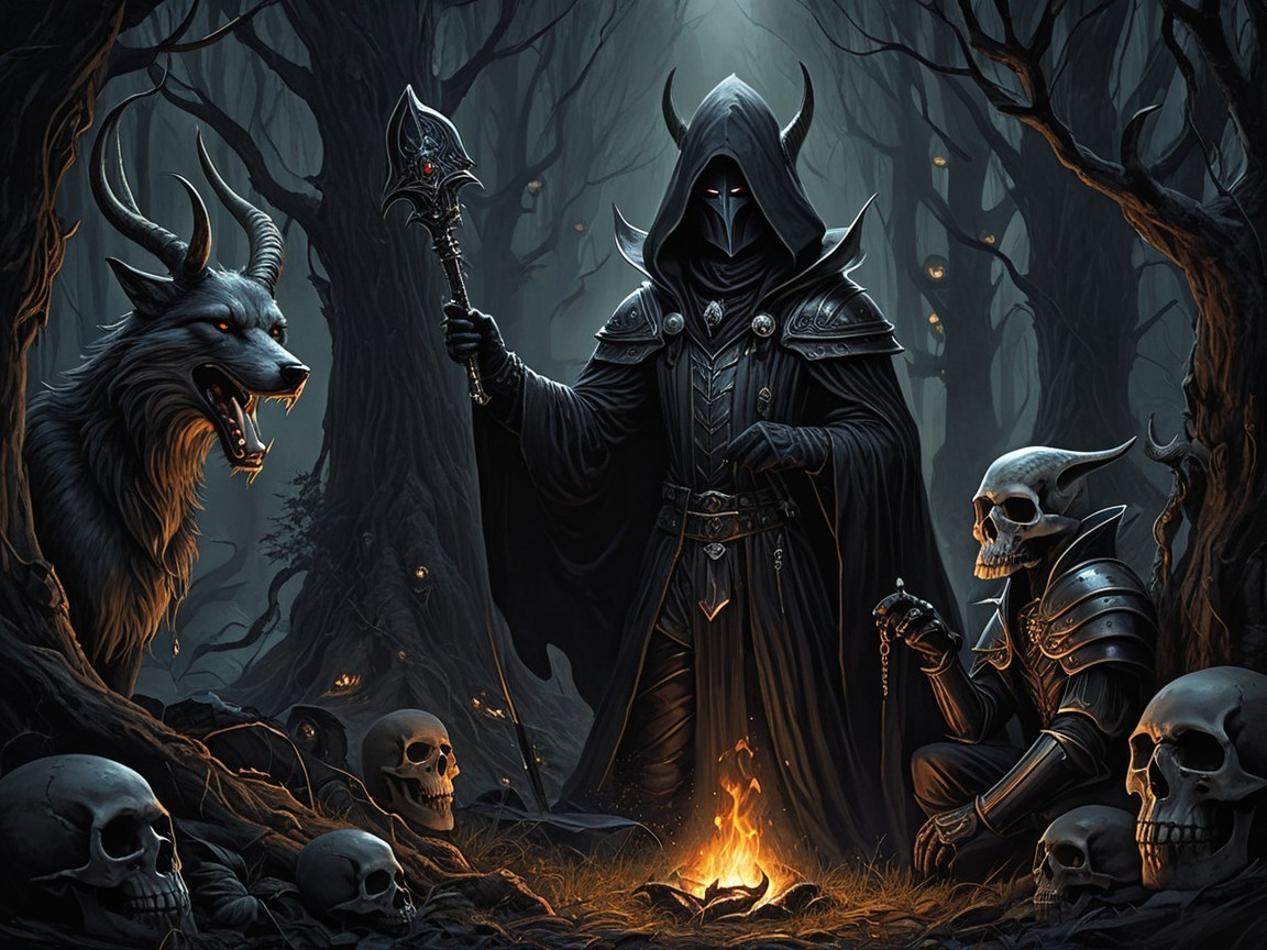 Hooded Figure with Spectral Wolf in Dark Forest