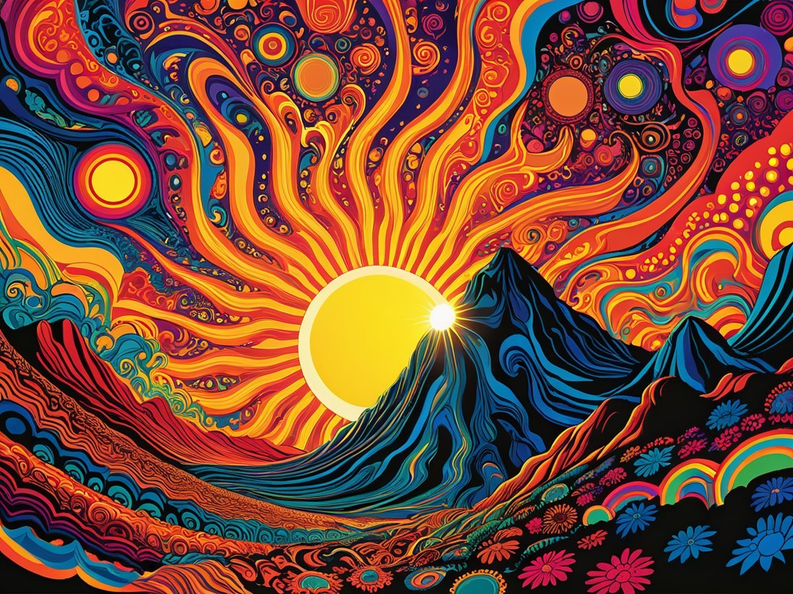 Psychedelic Landscape with Vibrant Colors and Patterns
