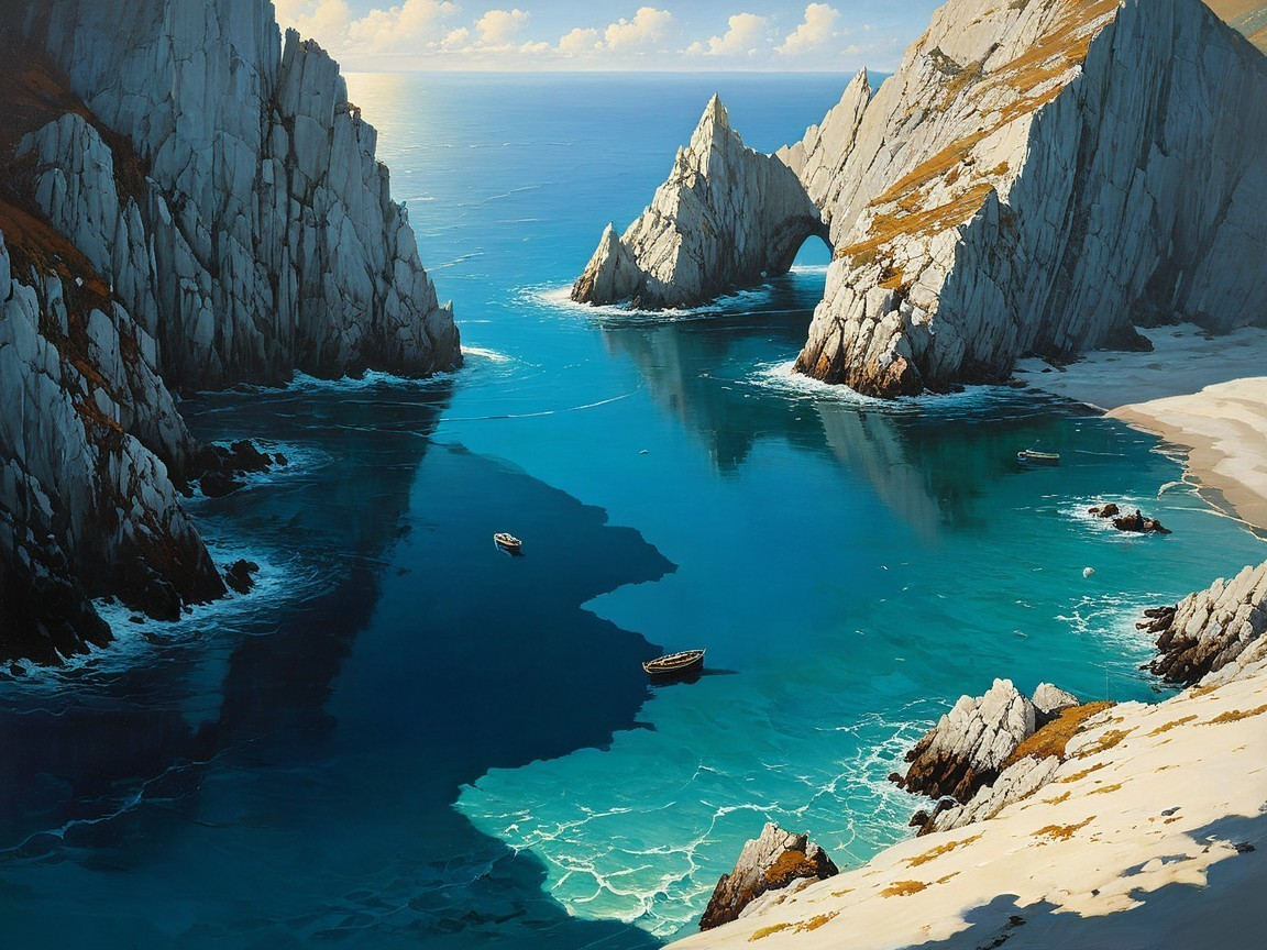 Coastal Scene with Cliffs, Bay, and Boats