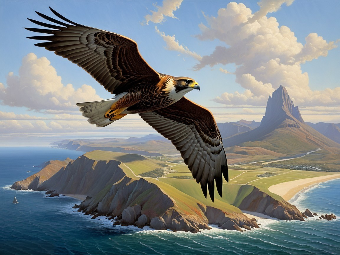 Eagle Soaring Over Coastal Landscape and Rugged Cliffs