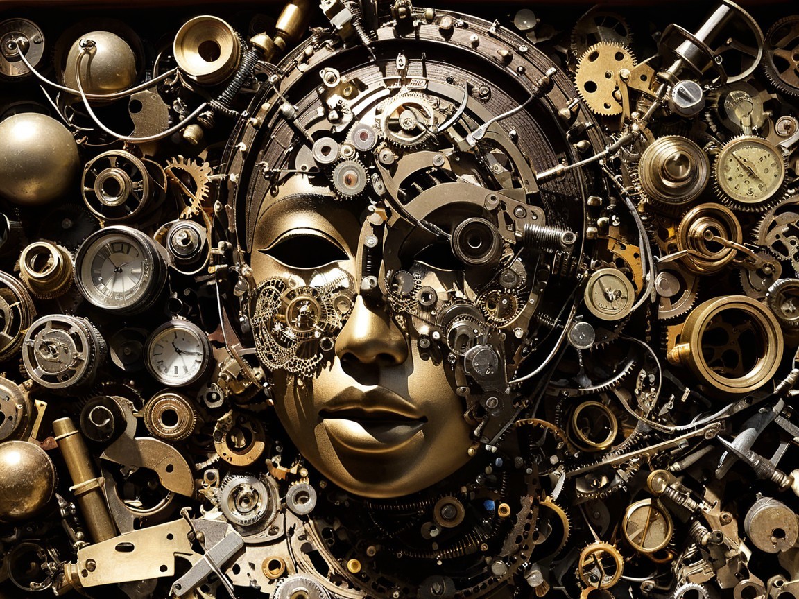 Intricate Steampunk Face Made of Metallic Gears and Cogs