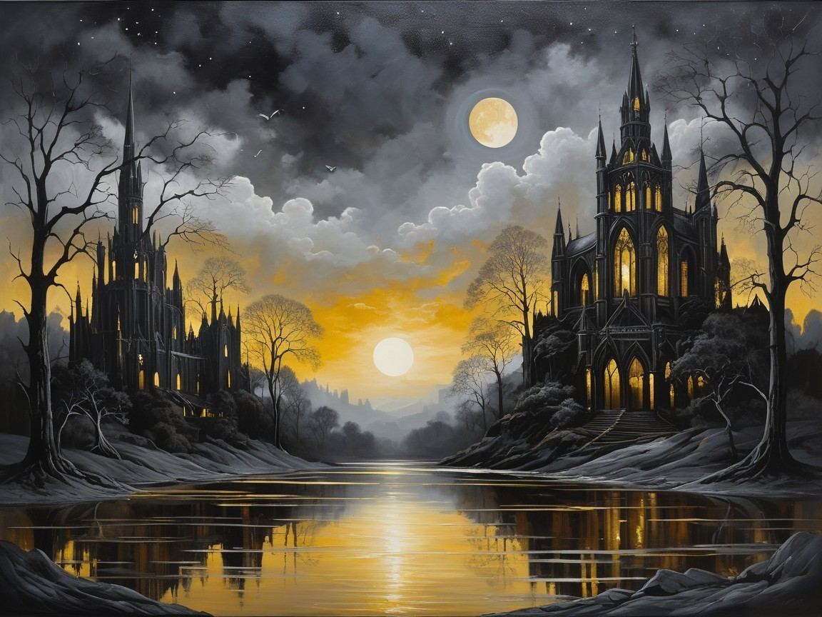 Gothic Castles at Twilight by a Serene River