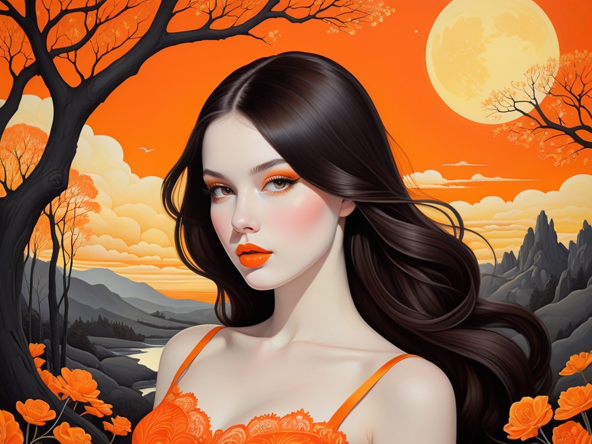 Young Woman with Orange Makeup in Vibrant Landscape