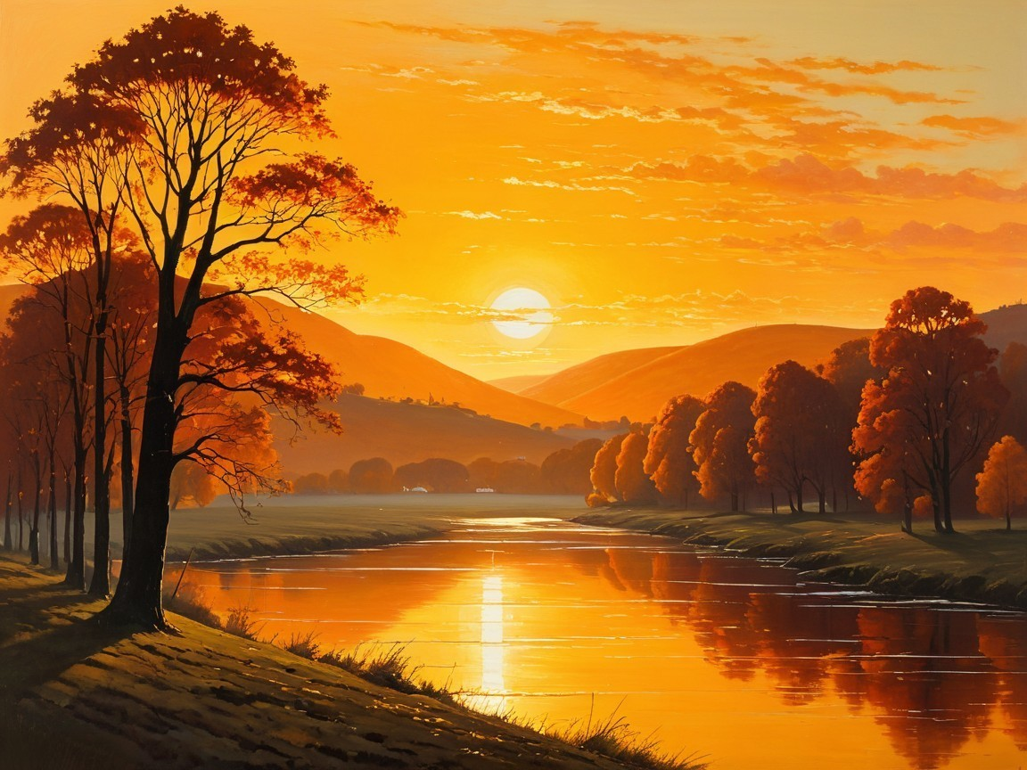 Serene Sunset Landscape with River and Autumn Foliage