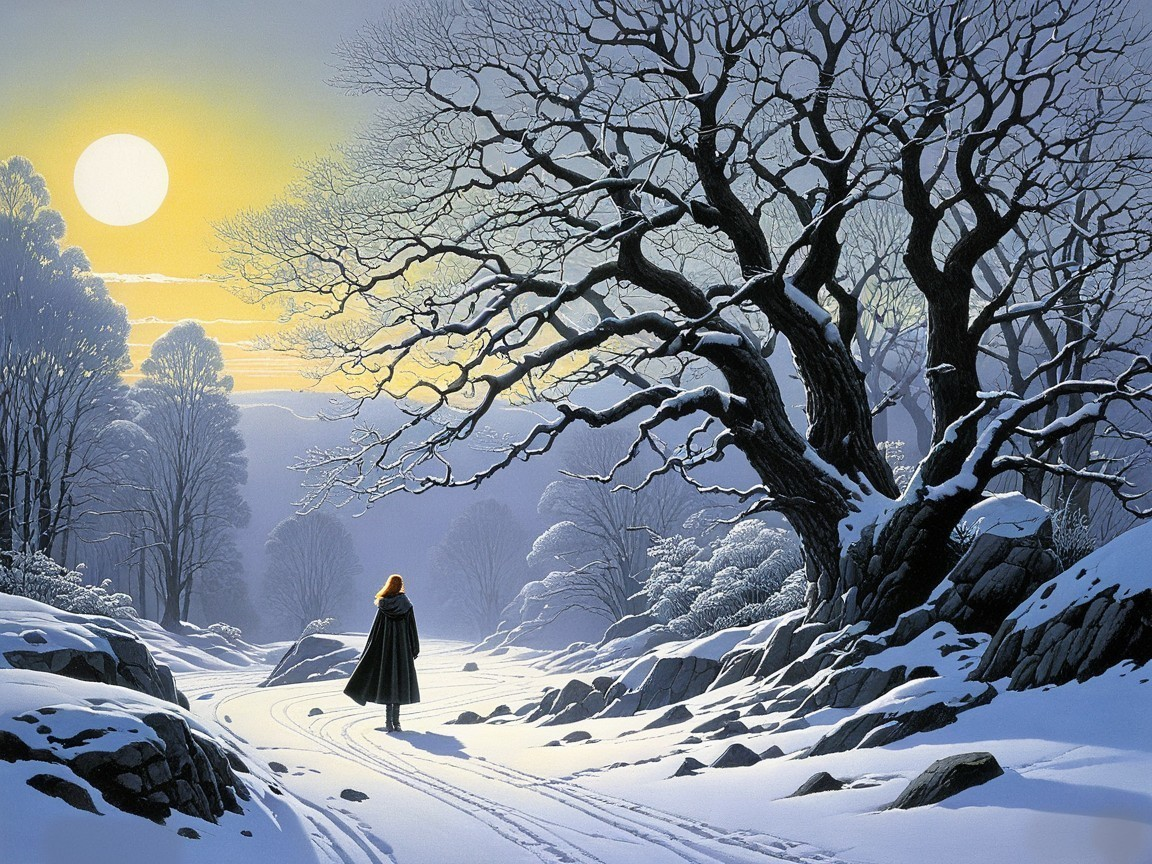 Serene winter landscape with lone figure on snowy path