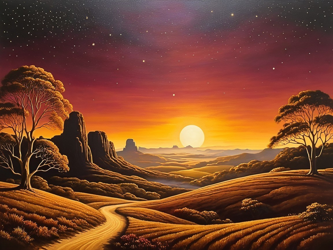 Breathtaking Sunset Landscape with Rolling Hills and Trees