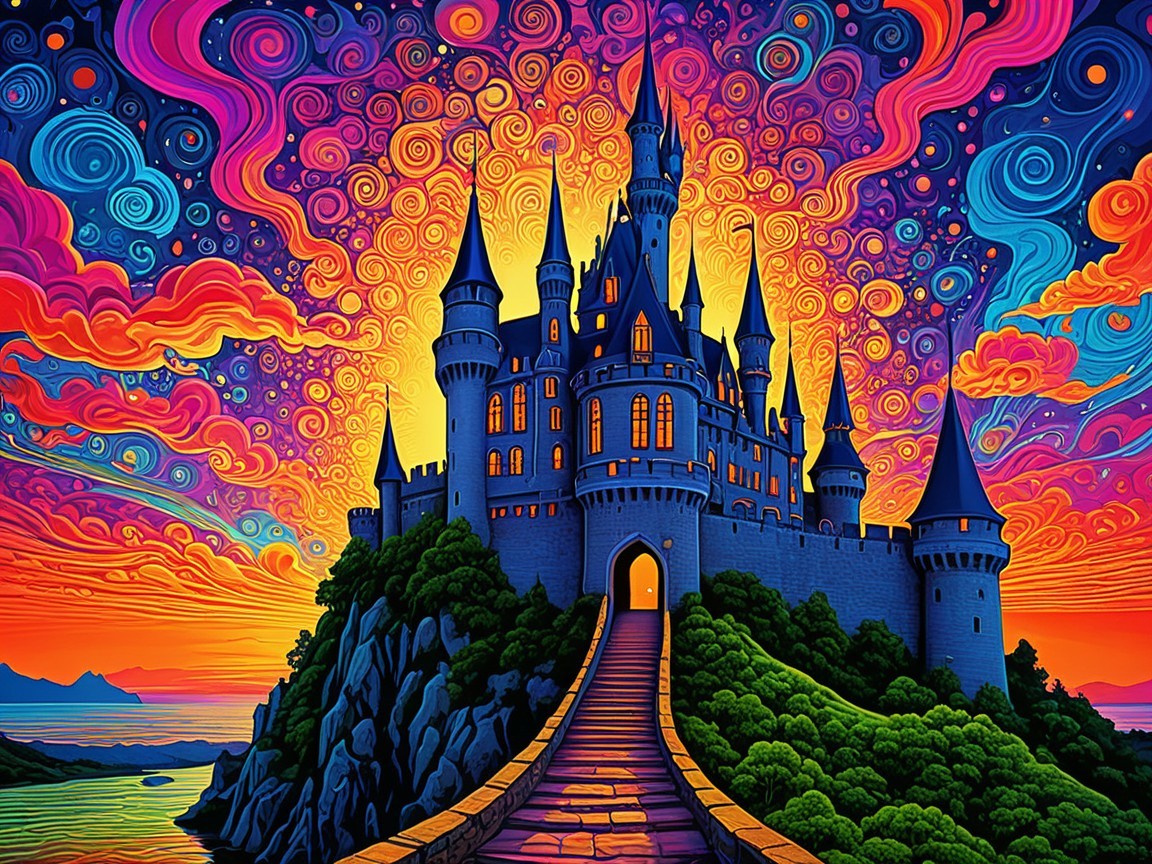 Vibrant Fantasy Castle on Rocky Hill at Sunset