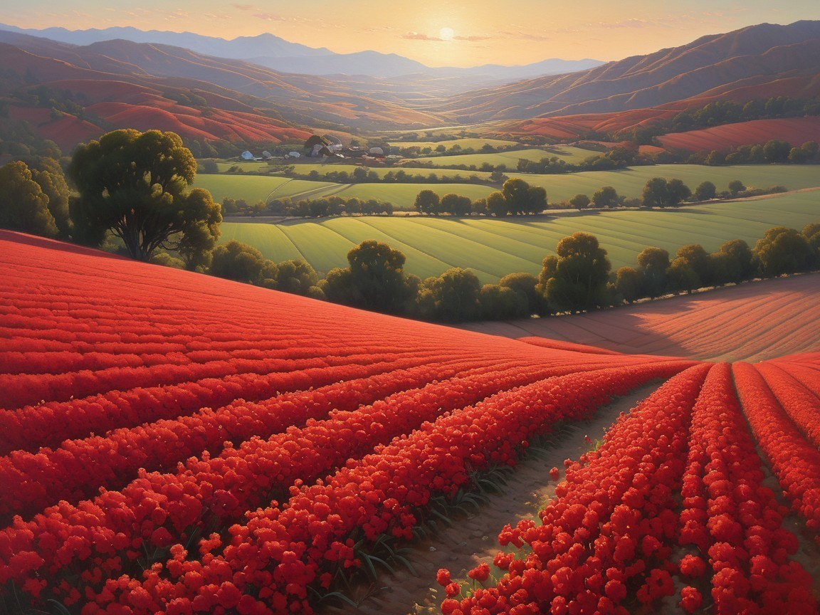 Vibrant Red Flower Fields Under a Setting Sun