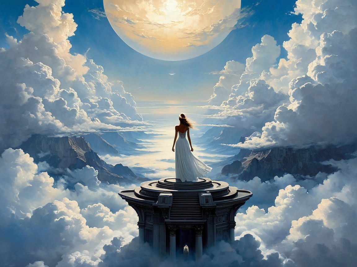Serene figure on pedestal in ethereal landscape