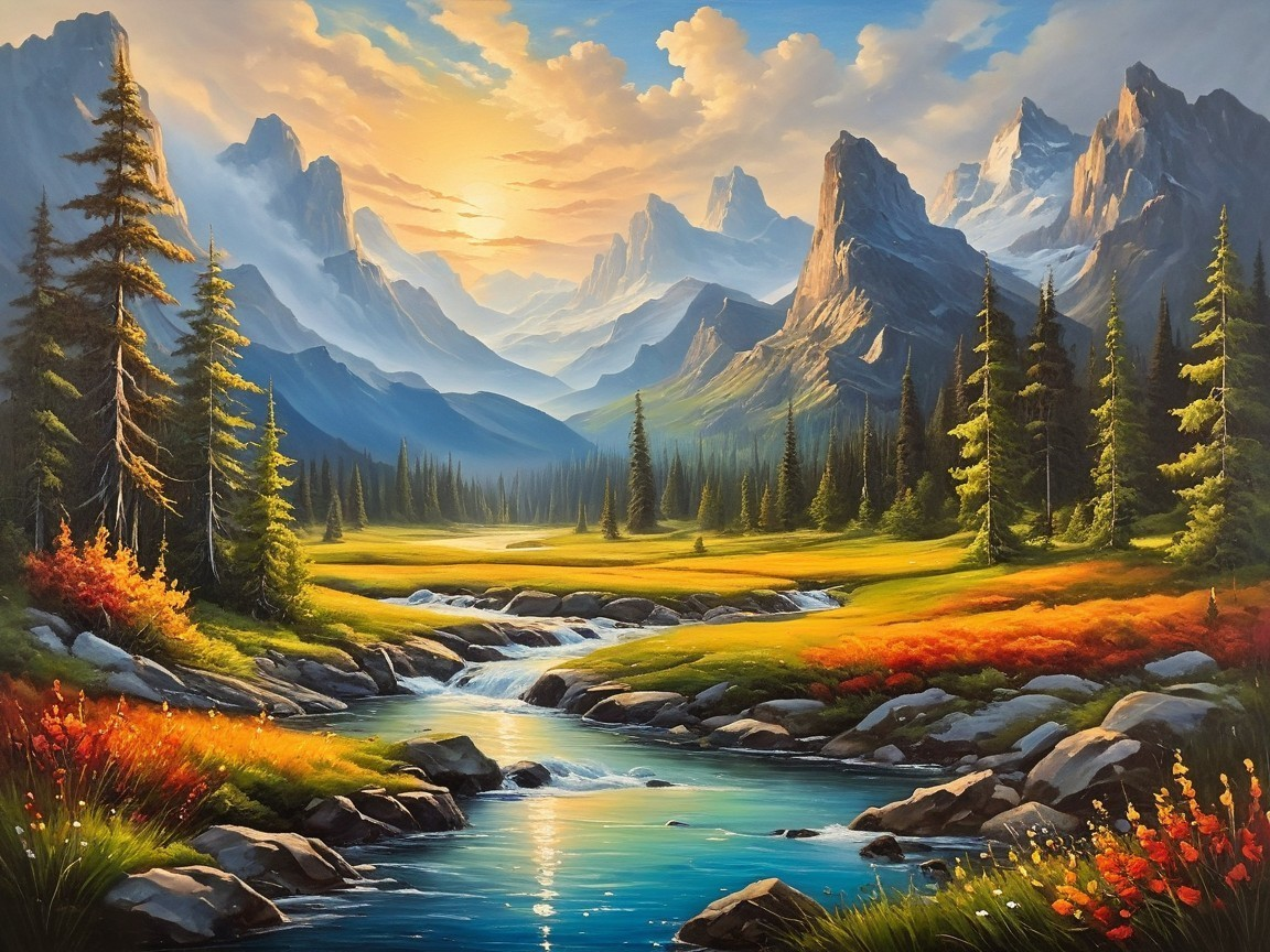 Majestic Mountains and Serene River in Vibrant Landscape