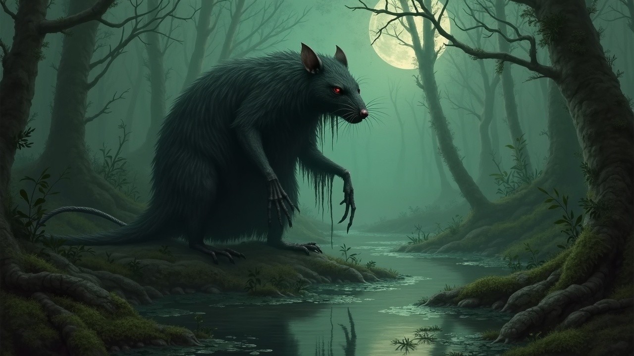 Misty Forest Scene with Shadowy Creature by Stream