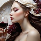 Serene Woman with Wine and Lush Grapes Background