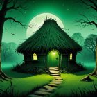 Mystical Green Hut Under a Glowing Moon Scene