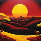 Vivid Sunset Over Surreal Landscape with Deer and Trees