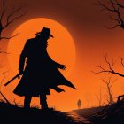 Silhouette of a Figure with Sword at Sunset
