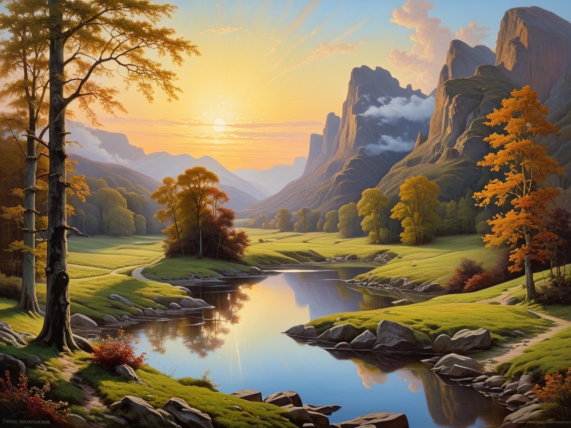 Serene Sunset Landscape with Mountains and River