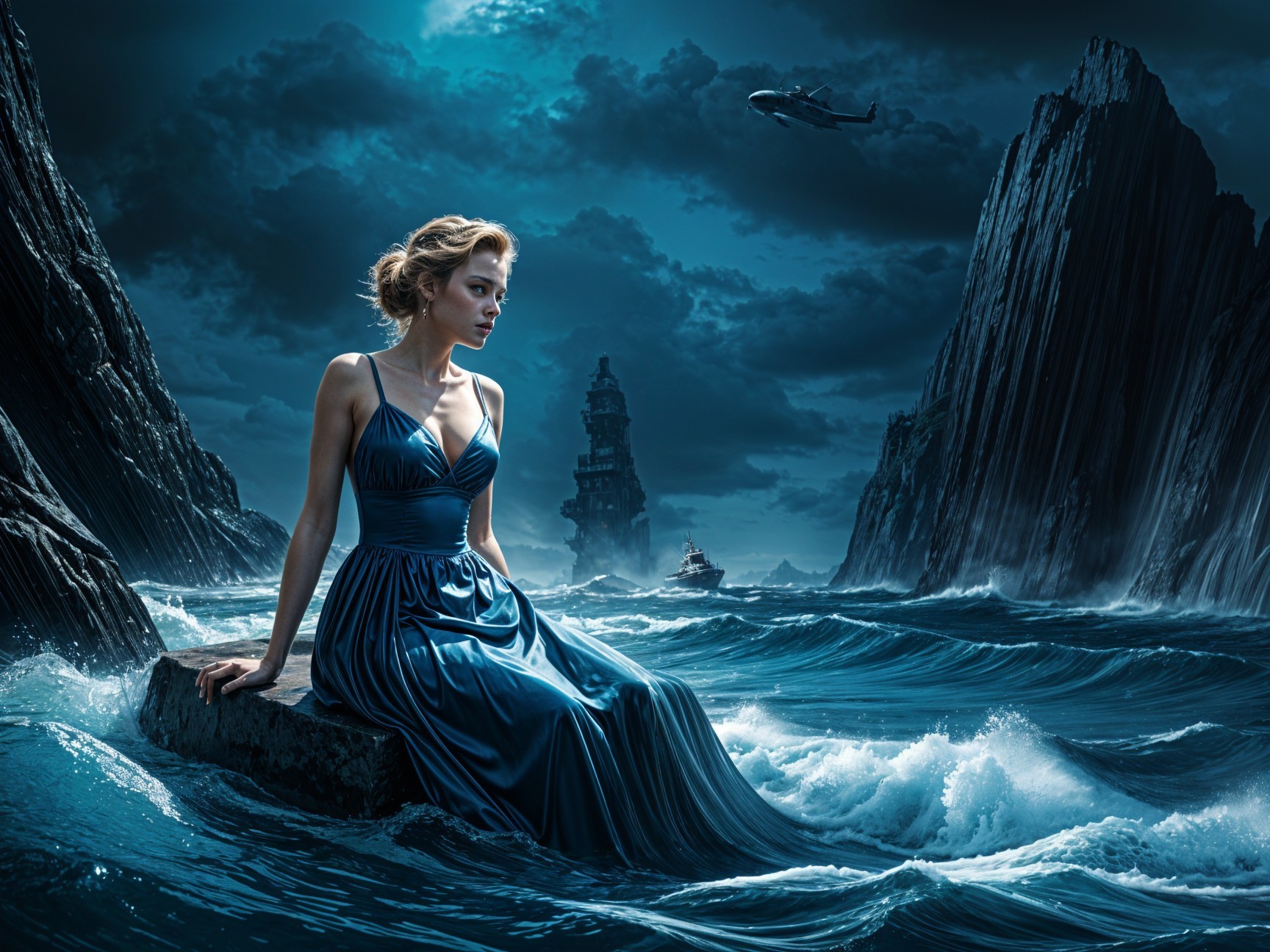 Woman in blue gown on rocky shoreline with ocean views