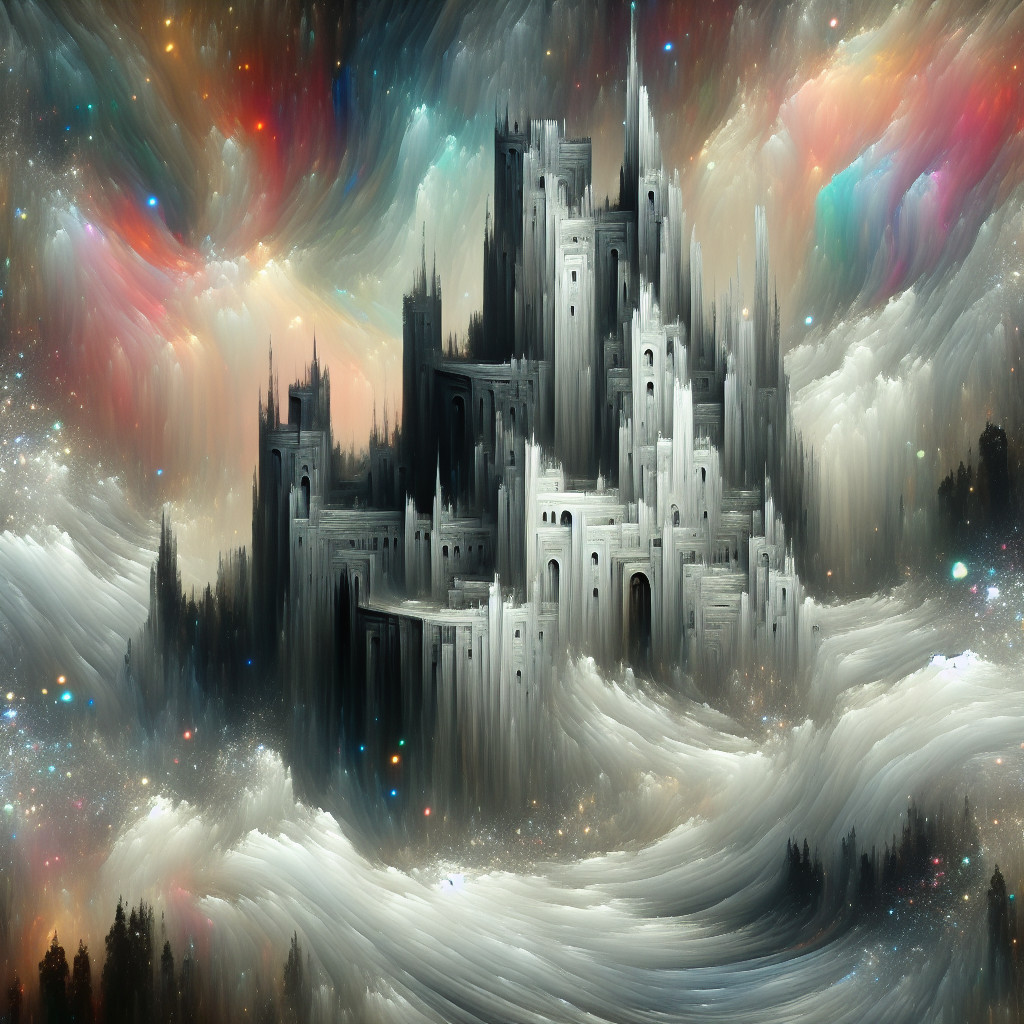 Ethereal castle in cosmic clouds and starry backdrop