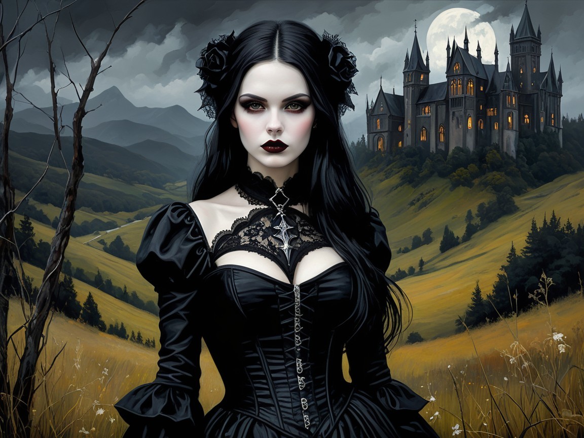 Gothic Figure in Dark Dress with Castle at Twilight