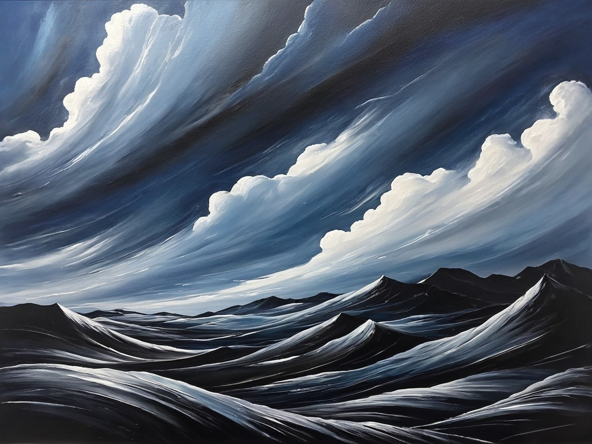 Dramatic Seascape with Waves and Dark Mountains