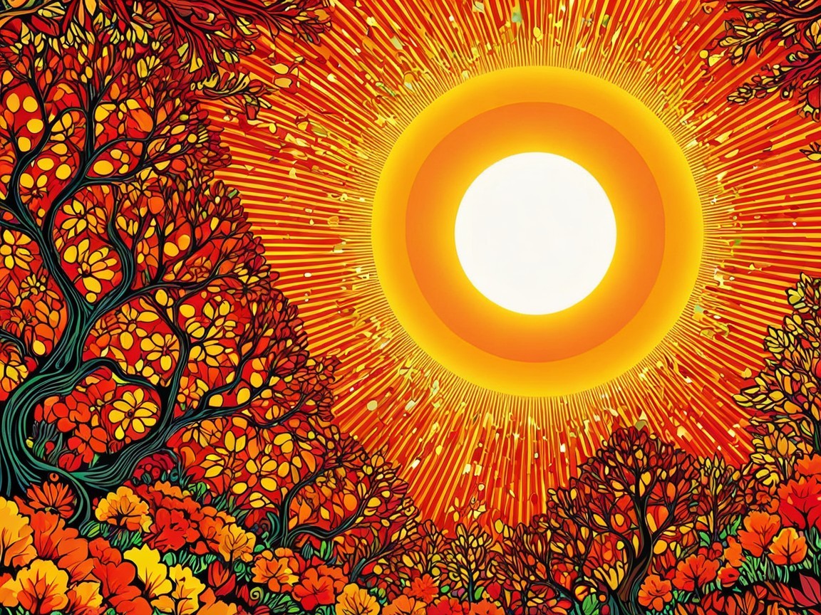 Vibrant Illustration of a Radiant Sun and Colorful Trees