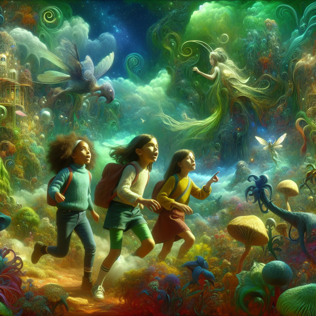 Children Exploring a Dreamlike Colorful Landscape