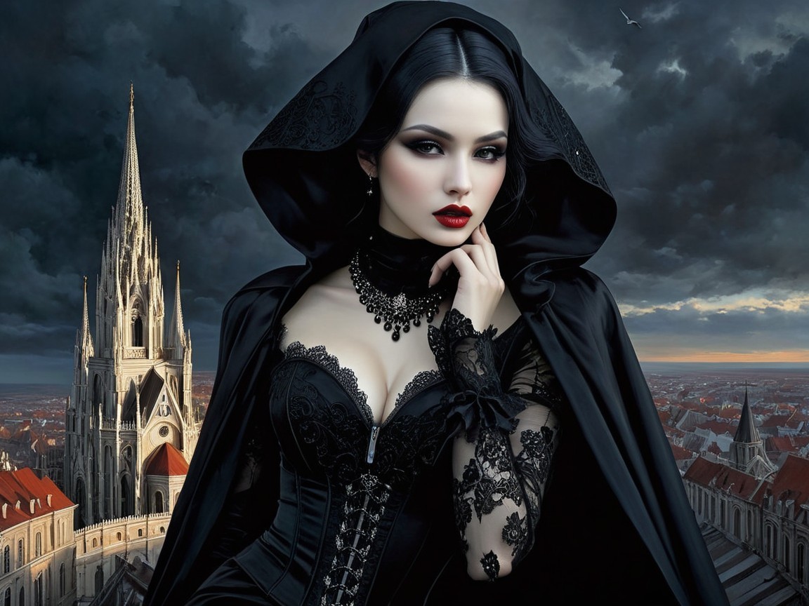 Gothic Figure in Cloak Against Dramatic Sky and Cityscape