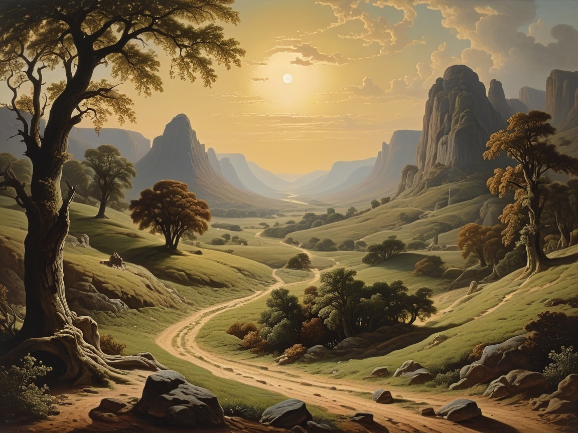 Serene Valley Landscape at Sunset with Rolling Hills