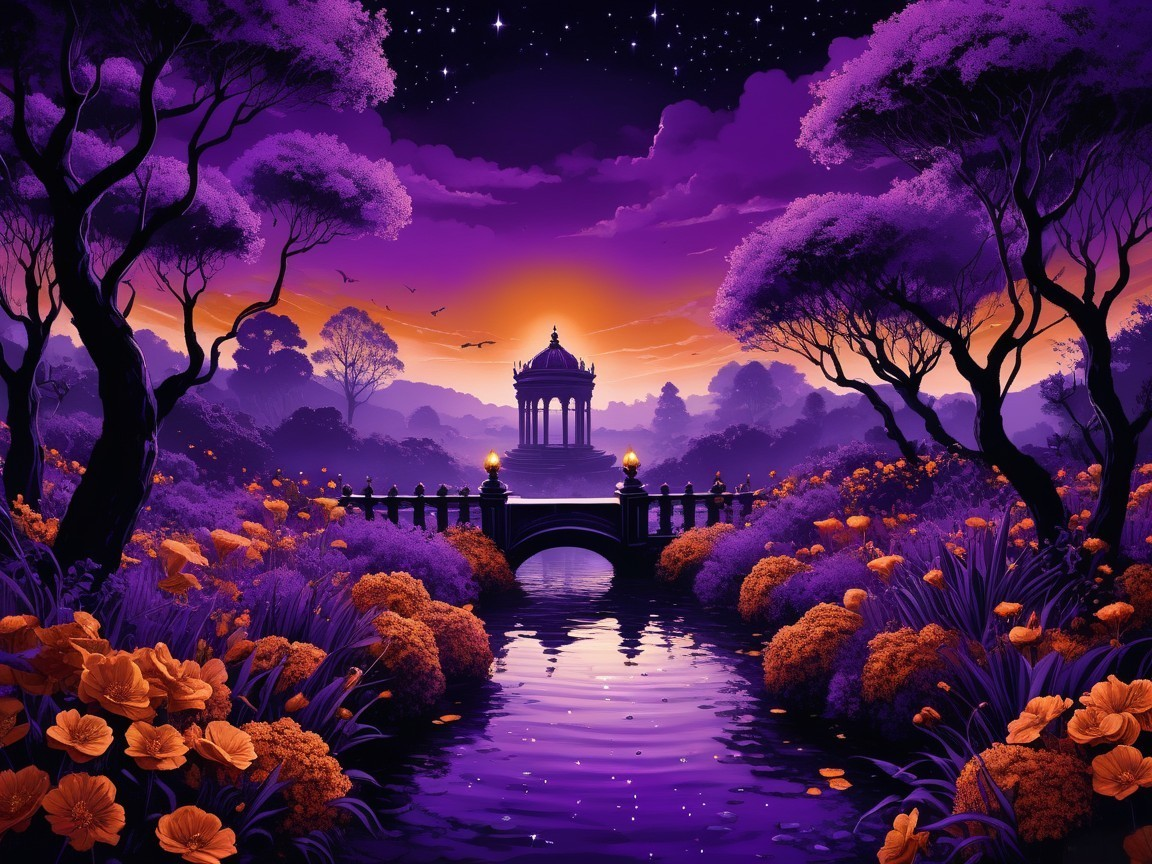Twilight River Scene with Stars and Flowers