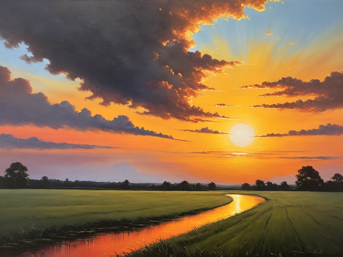 Vibrant Sunset Over a Winding River and Fields