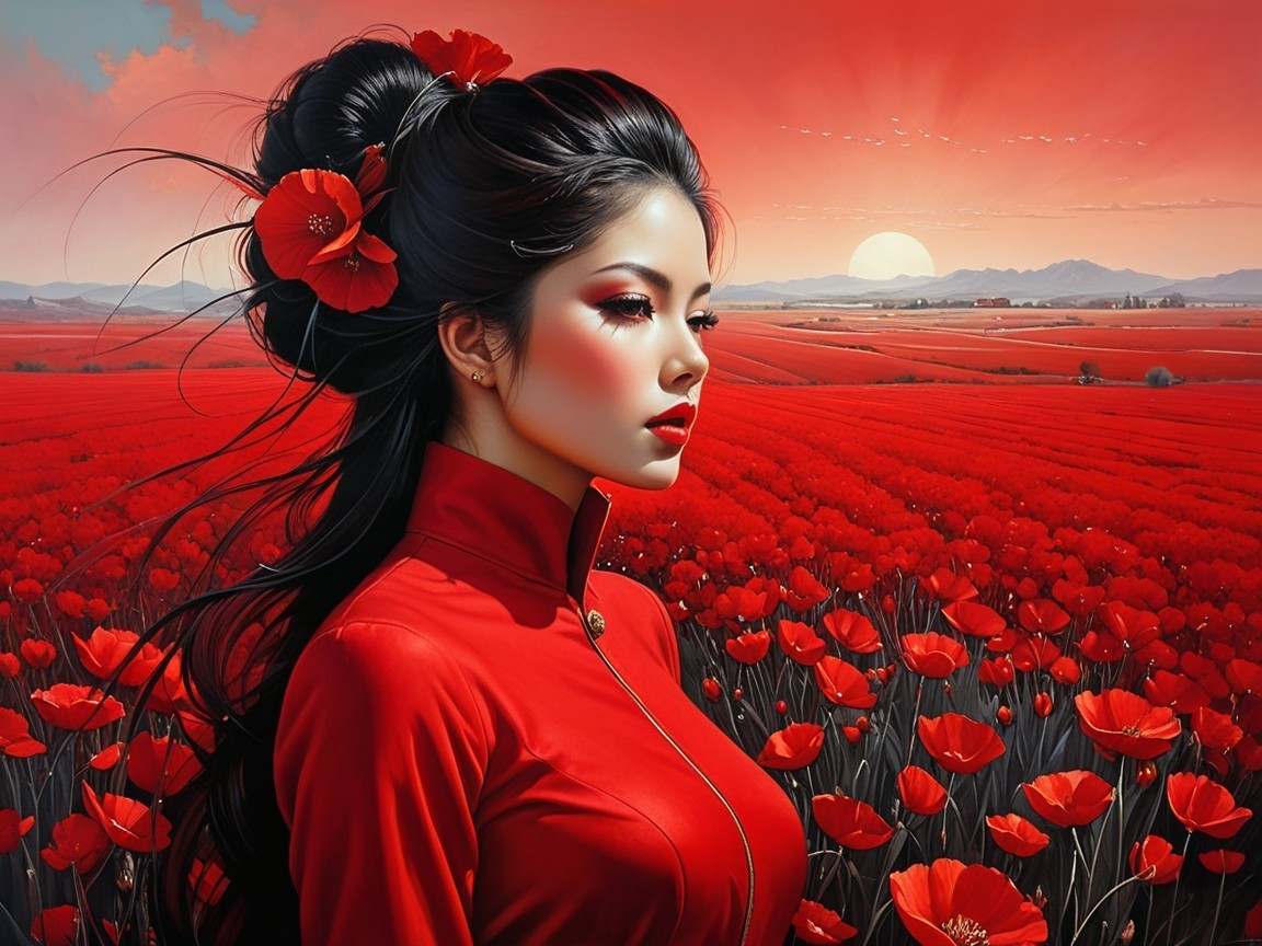 Young woman in red outfit in poppy field at sunset
