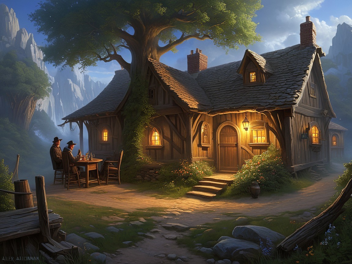 Rustic cottage in a serene mountain landscape