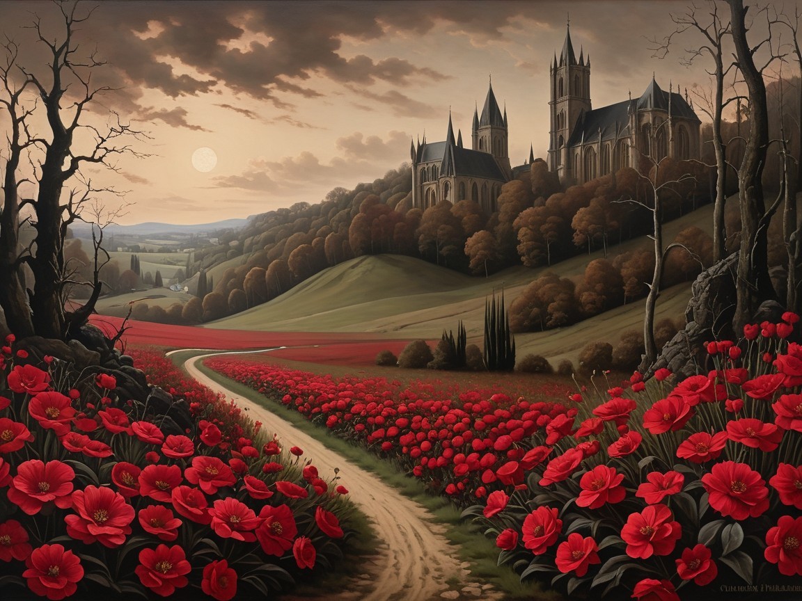 Serene landscape with winding path and castle backdrop