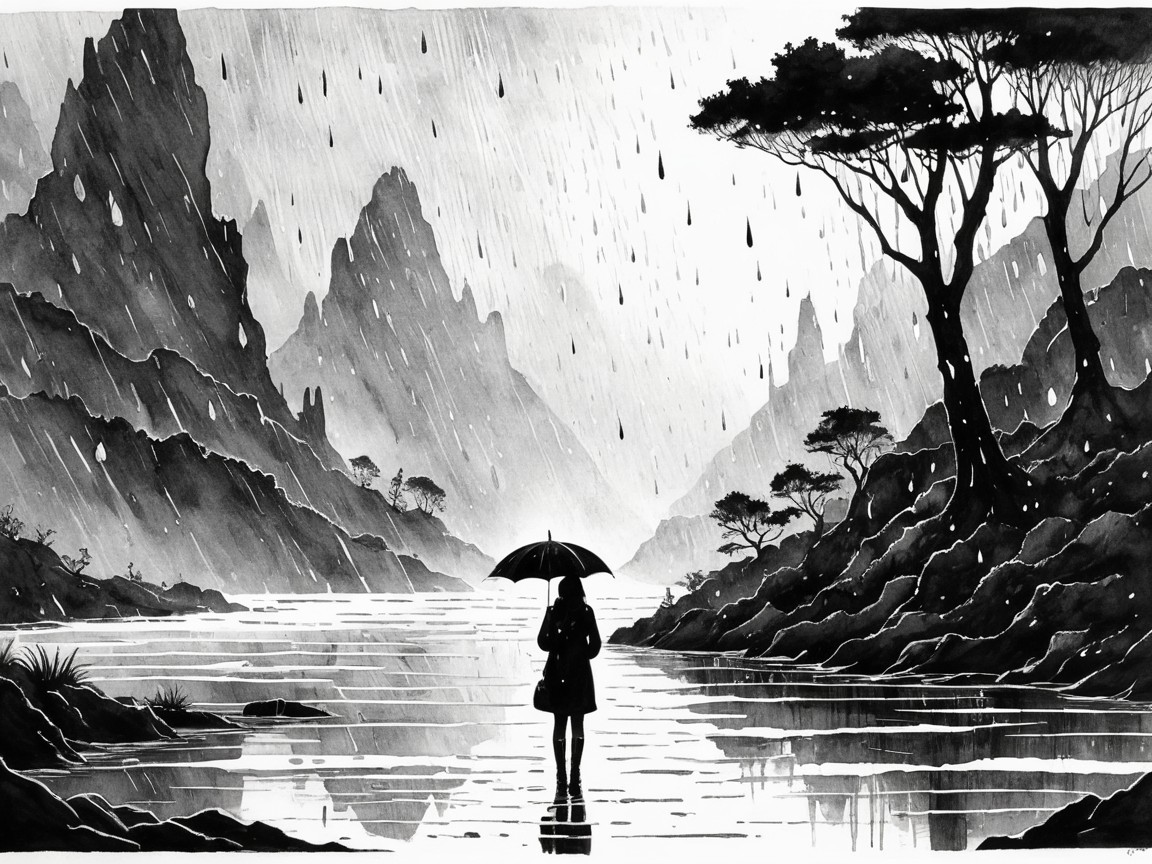 Solitary Figure by Tranquil River with Mountains