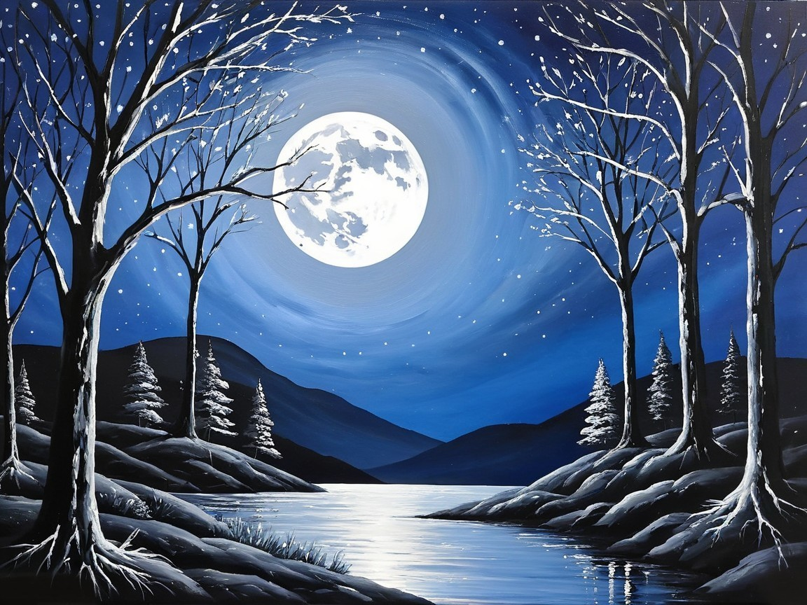 Serene Winter Night with Moonlit Lake and Stars