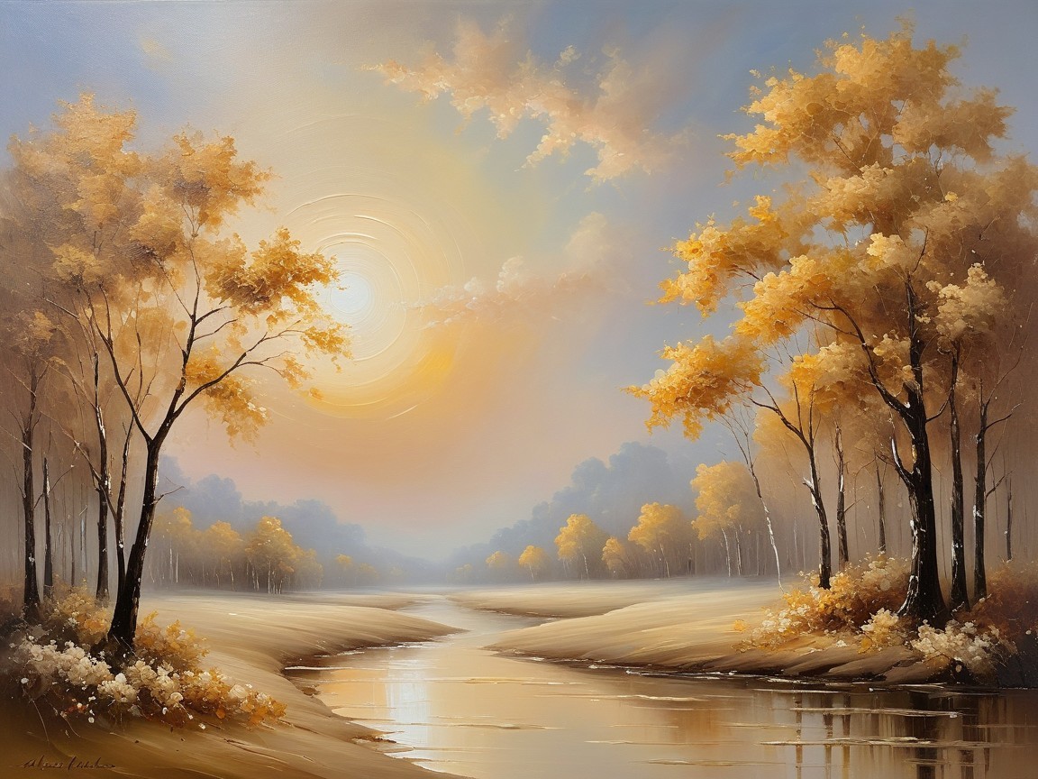 Impressionistic Autumn Landscape with River and Trees