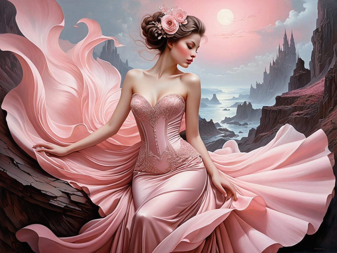 Serene landscape with woman in pink gown at sunset