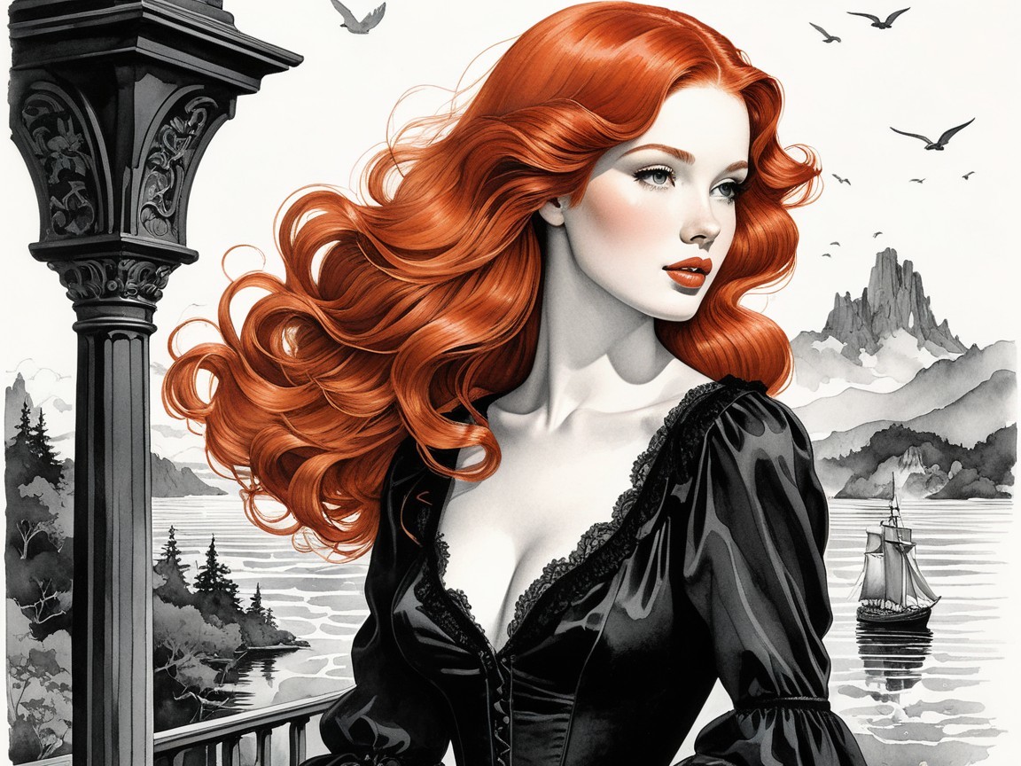 Woman with Red Hair on Balcony Overlooking Landscape