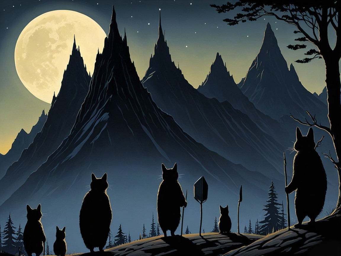 Silhouette Cats on Hill Under Full Moon and Stars