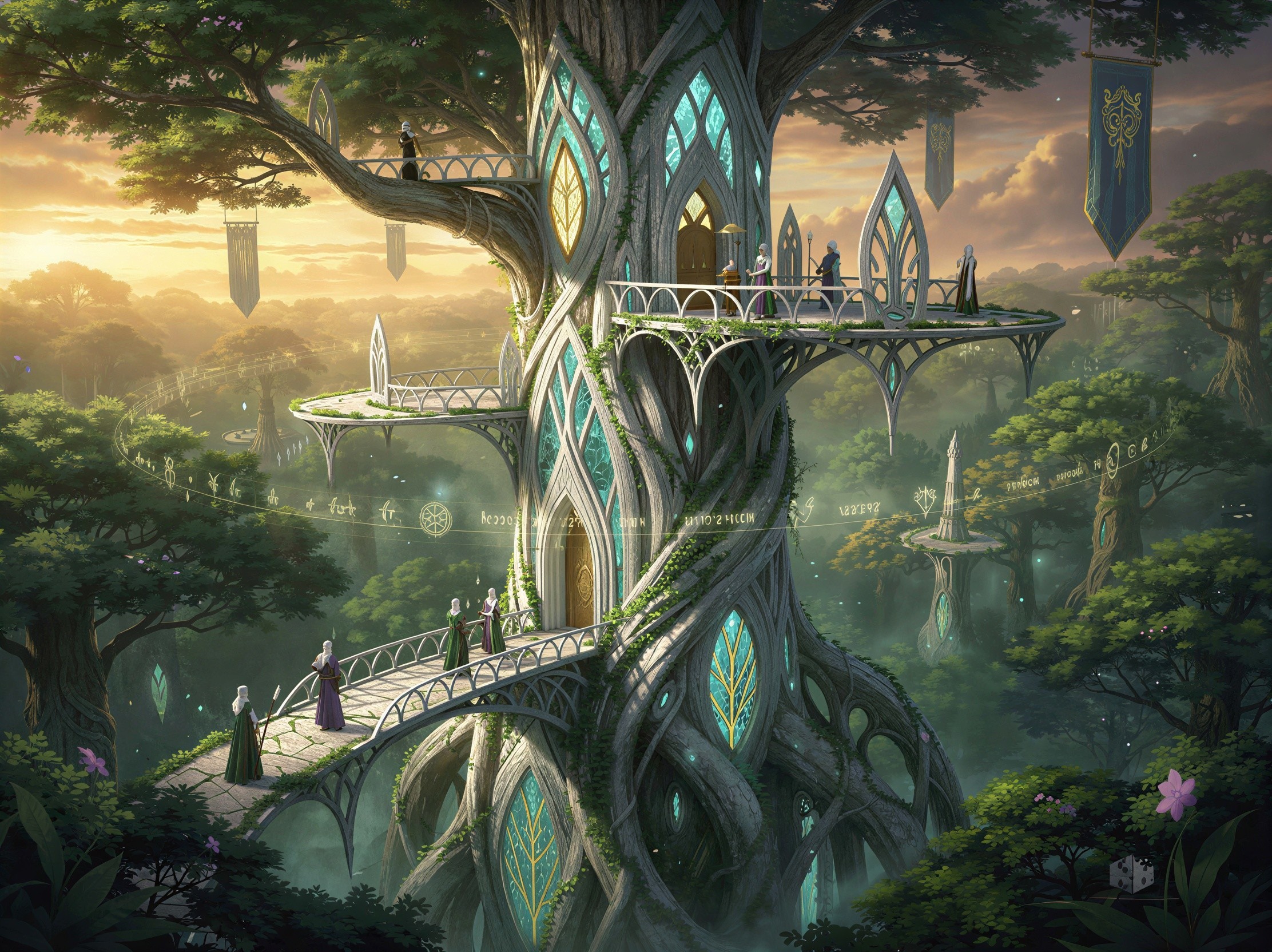 Mystical tree city with ornate buildings and bridges